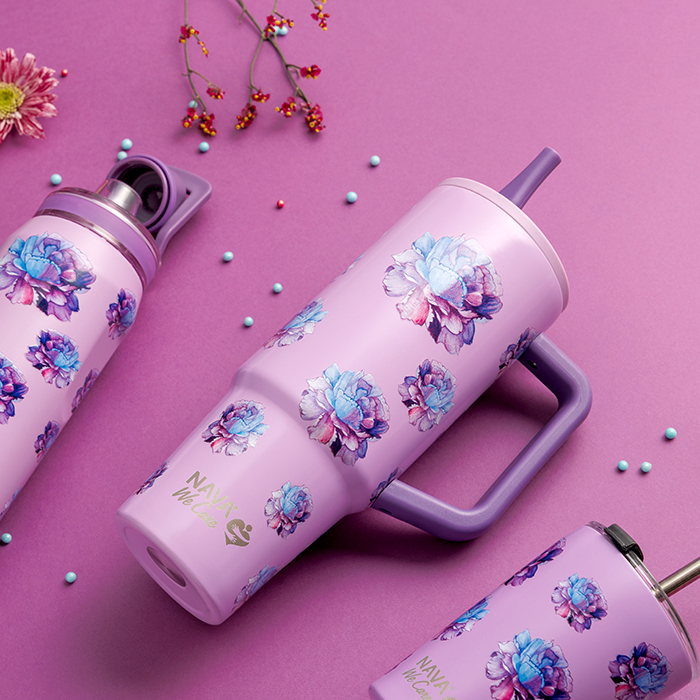 Θερμός tumbler ανοξείδωτο με πλαστικό καλαμάκι "We Care", Purple Floral 900ml