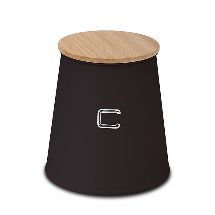 conical-metal-coffee-canister-with-bamboo-lid-total-black-14cm